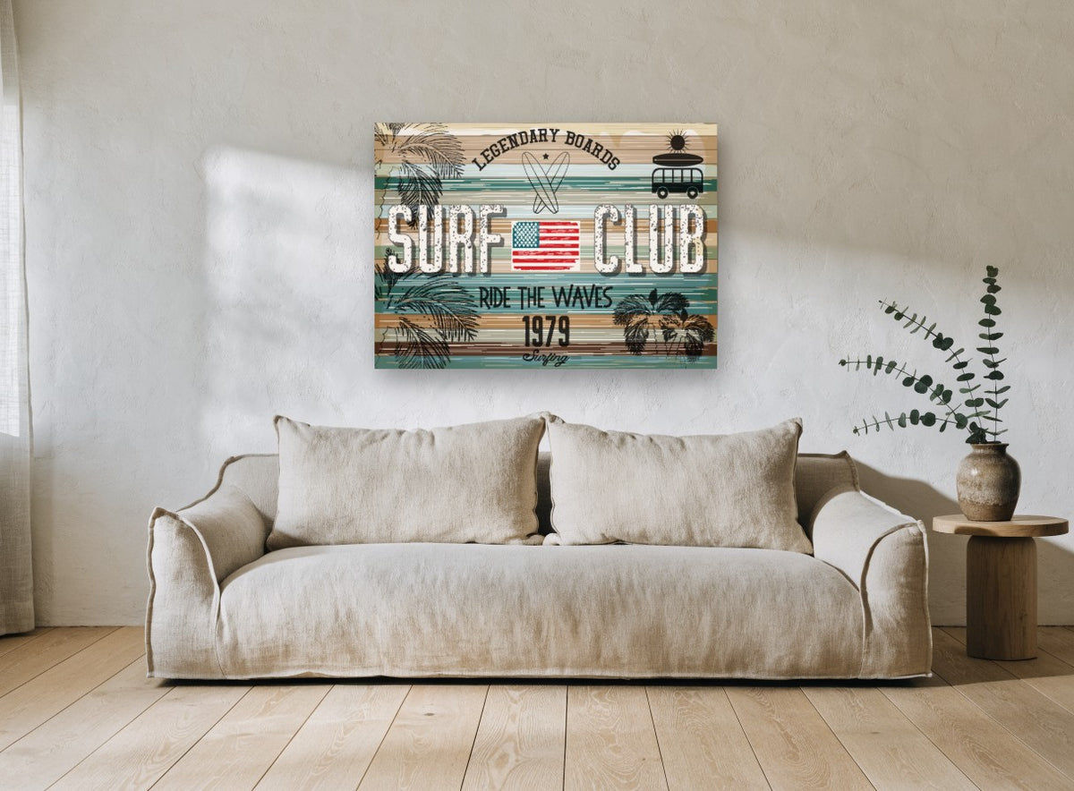 Legendary Boards Surf Club vintage canvas print on the wall of a living room