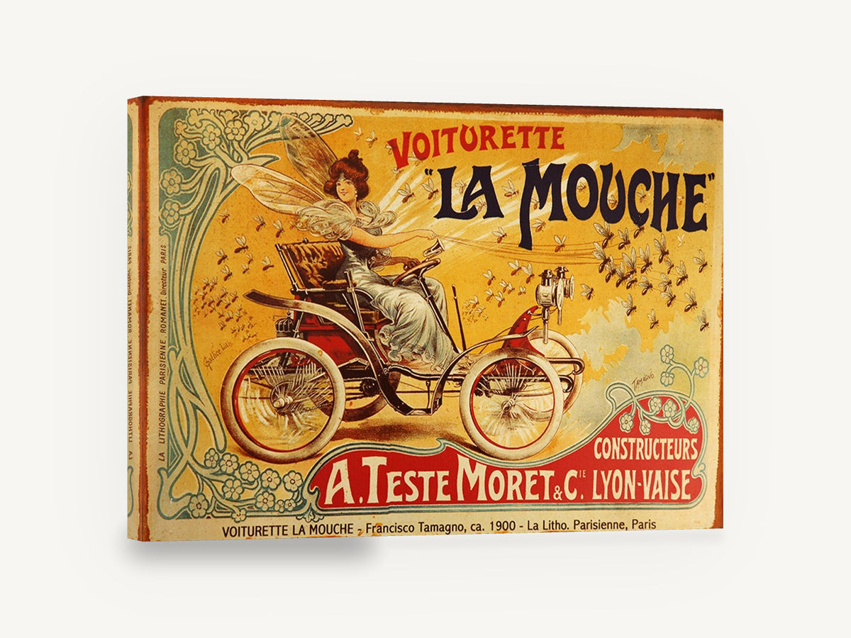 La Mouche Fairy Motorcar, vintage la mouche voiturette car poster, stretched canvas wall art print ready to hang