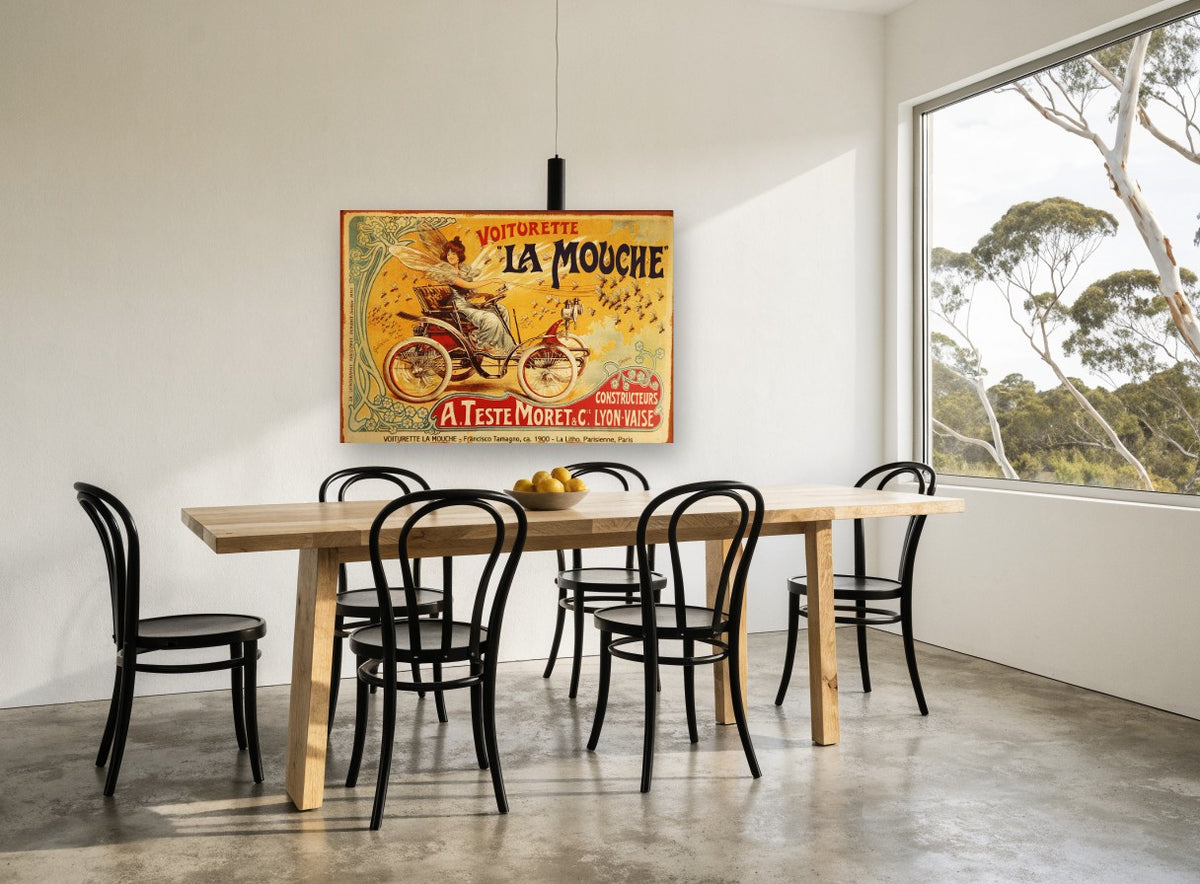 La Mouche Fairy Motorcar vintage canvas print on the wall of a dining room