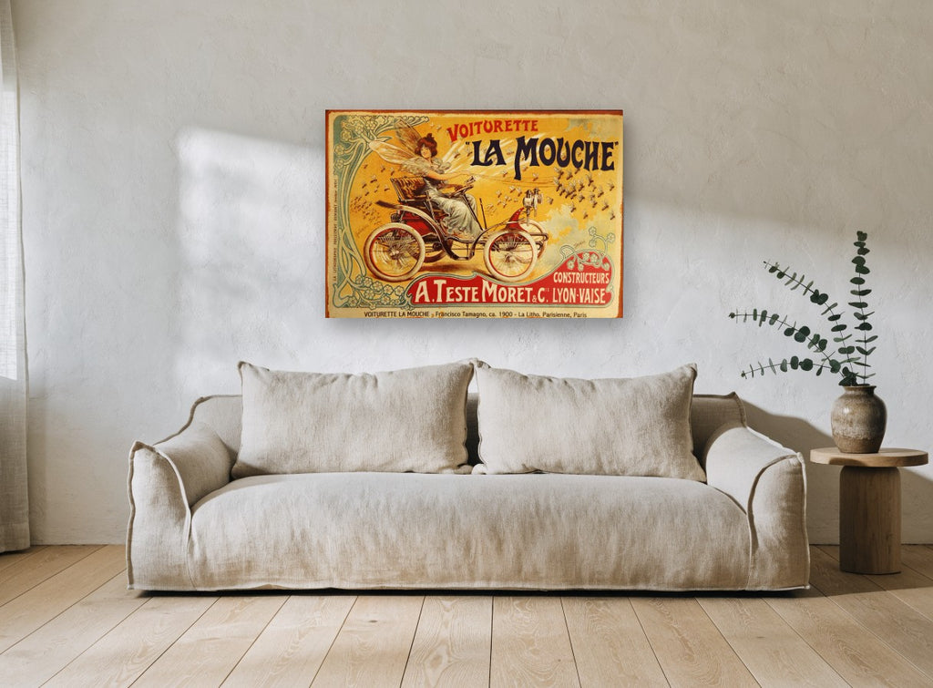 La Mouche Fairy Motorcar vintage canvas print on the wall of a living room