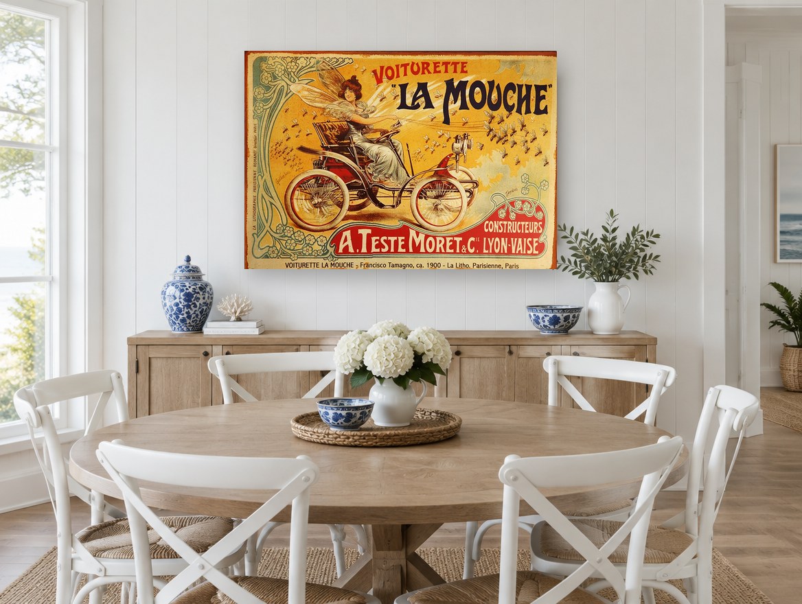 La Mouche Fairy Motorcar vintage canvas print on the wall of a Hamptons dining room