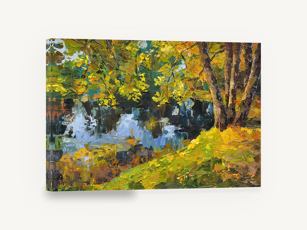 Autumn Pond Reflections, autumn pond palette knife landscape, landscape canvas wall art print ready to hang