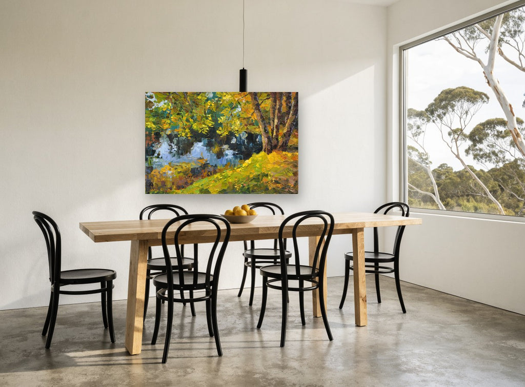 Autumn Pond Reflections landscape canvas print on the wall of a dining room