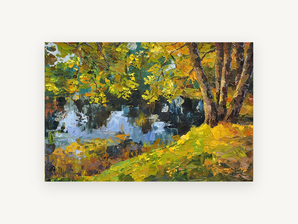 Autumn Pond Reflections, autumn pond palette knife landscape, landscape canvas wall art print, front view