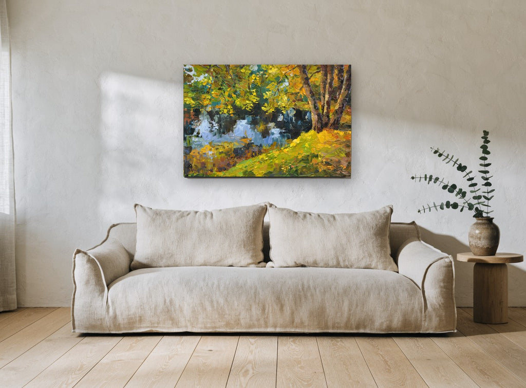 Autumn Pond Reflections landscape canvas print on the wall of a living room