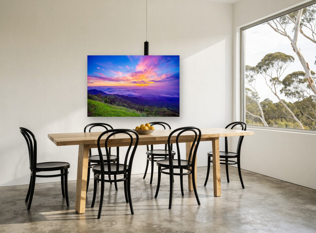Sunrise Above the Clouds landscape canvas print on the wall of a dining room