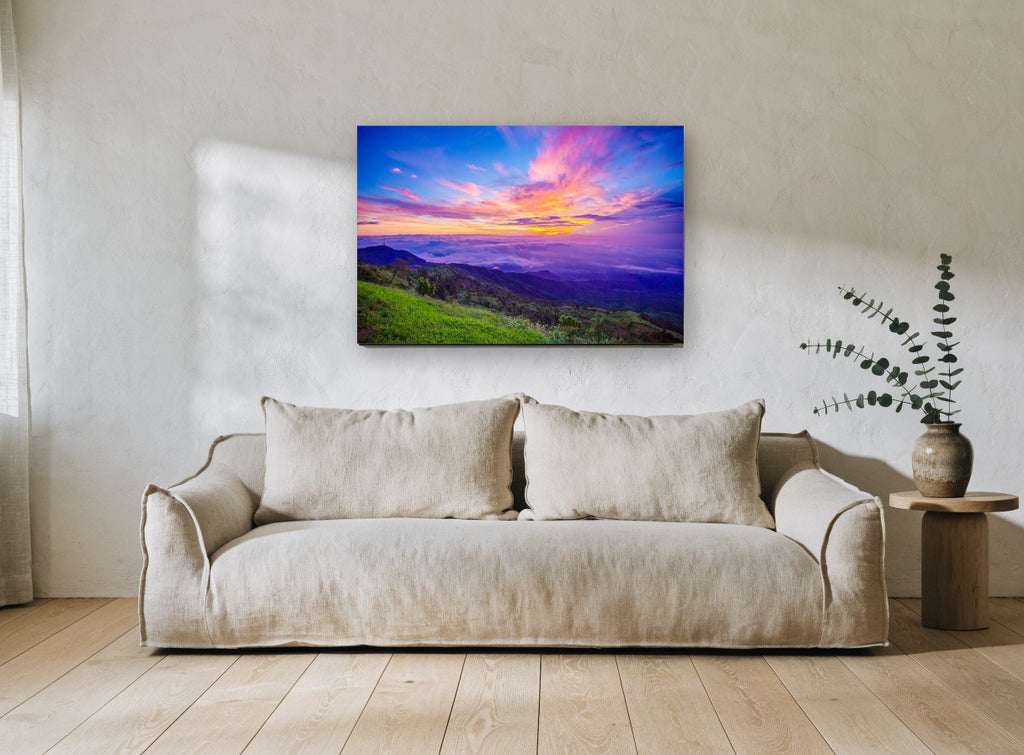 Sunrise Above the Clouds landscape canvas print on the wall of a living room