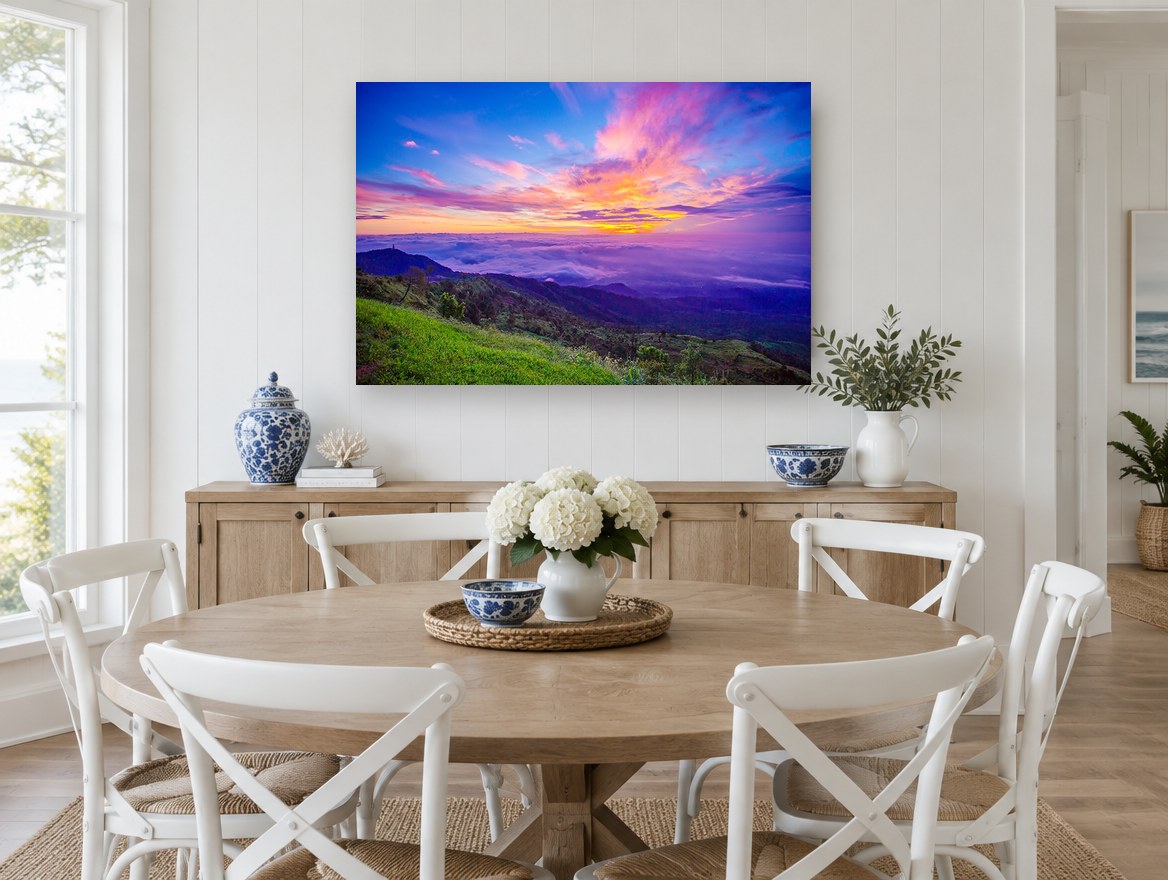 Sunrise Above the Clouds landscape canvas print on the wall of a Hamptons dining room