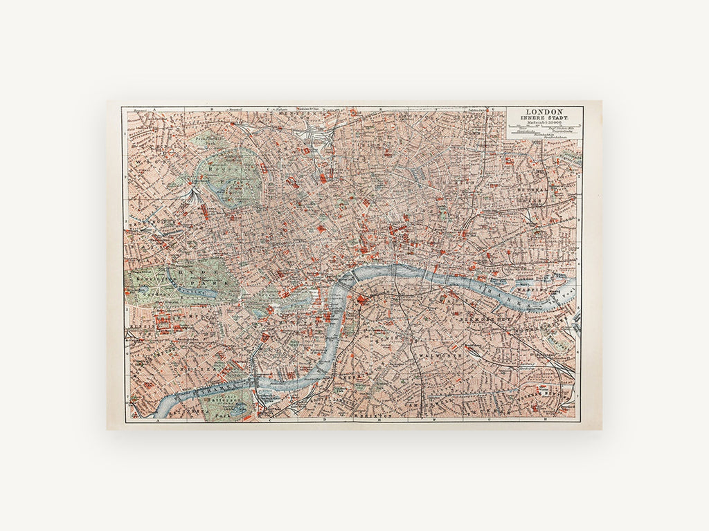 Inner London Antique Map, antique london street map, city canvas wall art print, front view