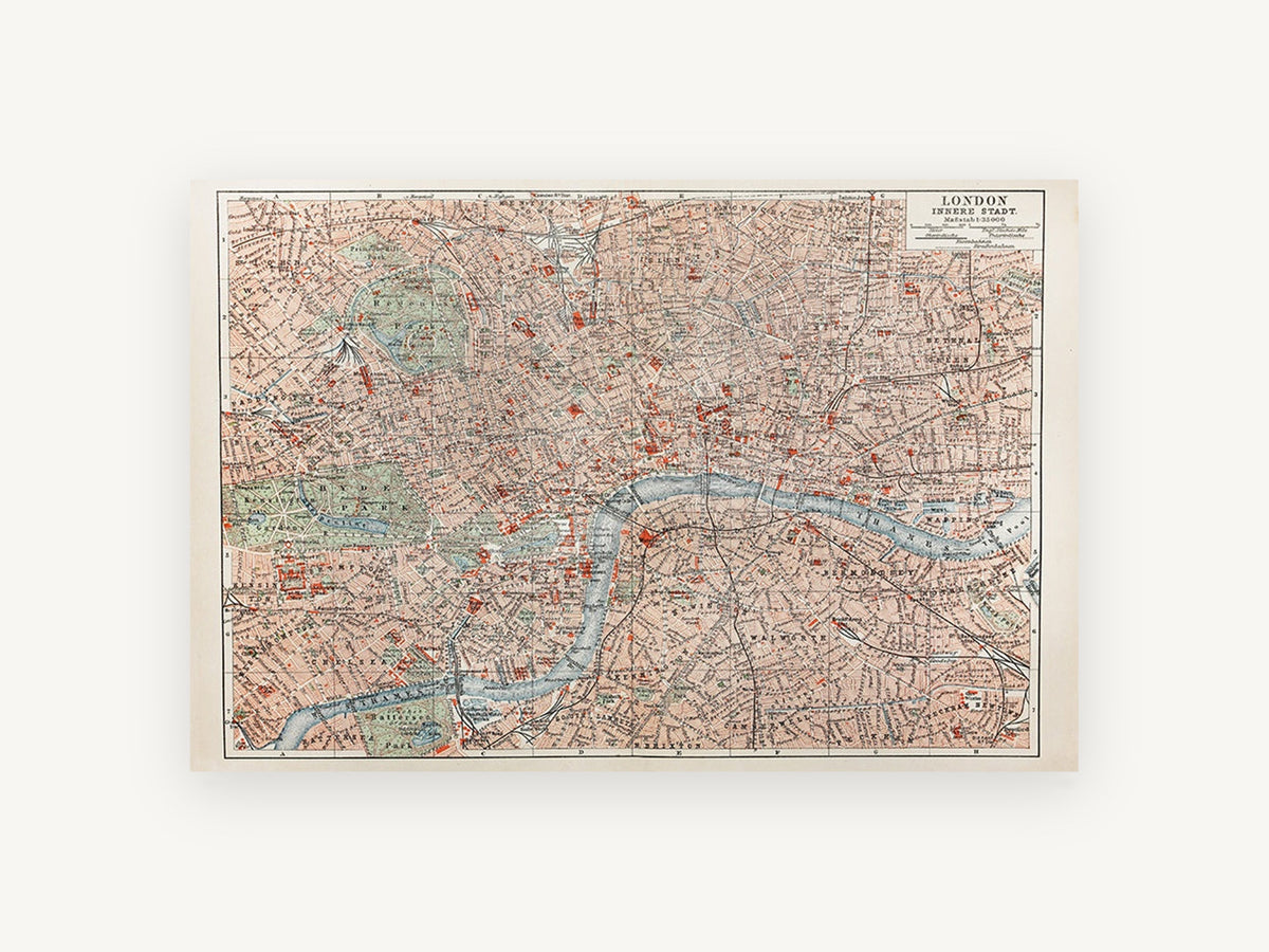 Inner London Antique Map, antique london street map, city canvas wall art print, front view