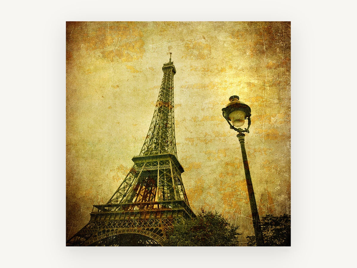 Eiffel Tower and Lamp, vintage eiffel tower and street lamp photograph, city canvas wall art print, front view