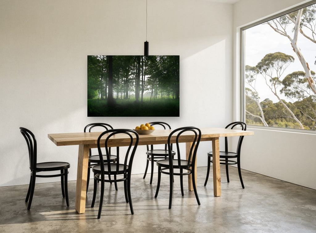 Green Woodland Haze landscape canvas print on the wall of a dining room