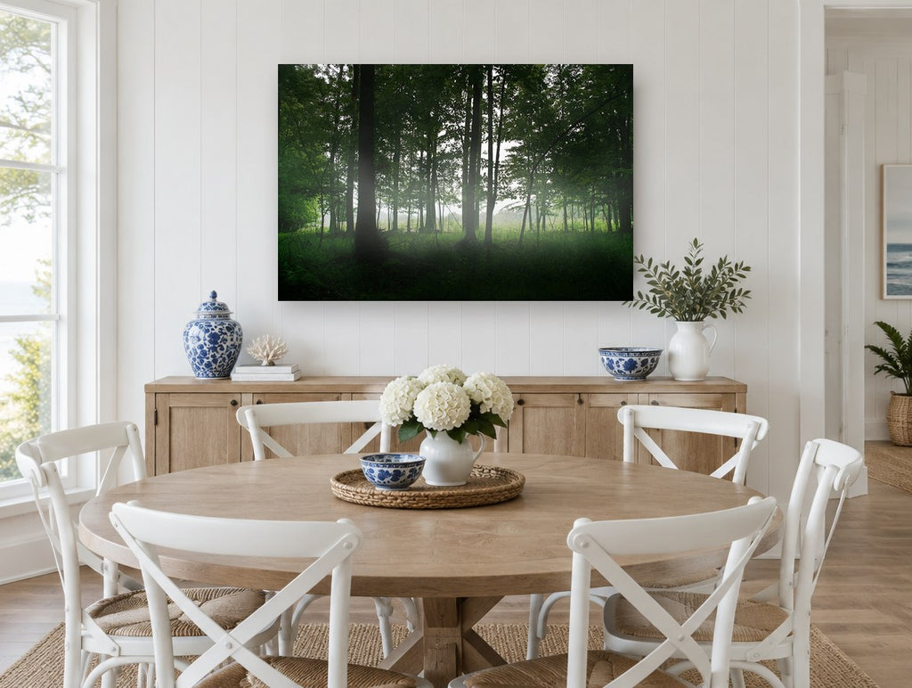 Green Woodland Haze landscape canvas print on the wall of a Hamptons dining room