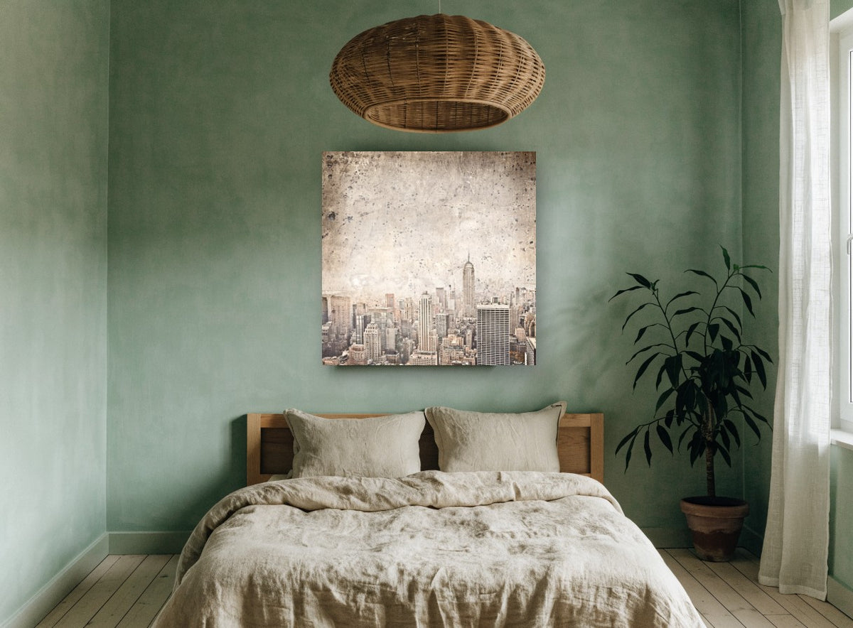 Weathered Manhattan Haze city canvas print on the wall of a bedroom