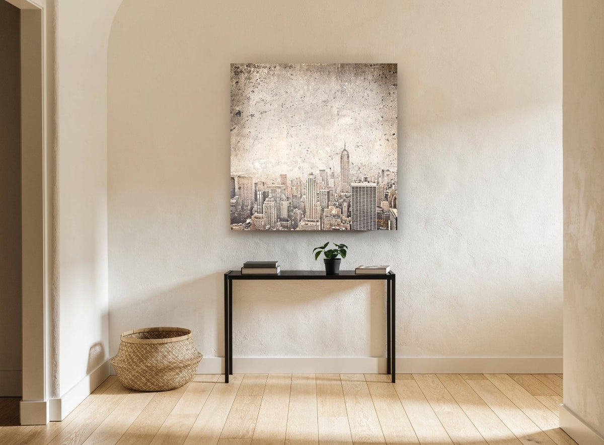 Weathered Manhattan Haze city canvas print on the wall of a hallway