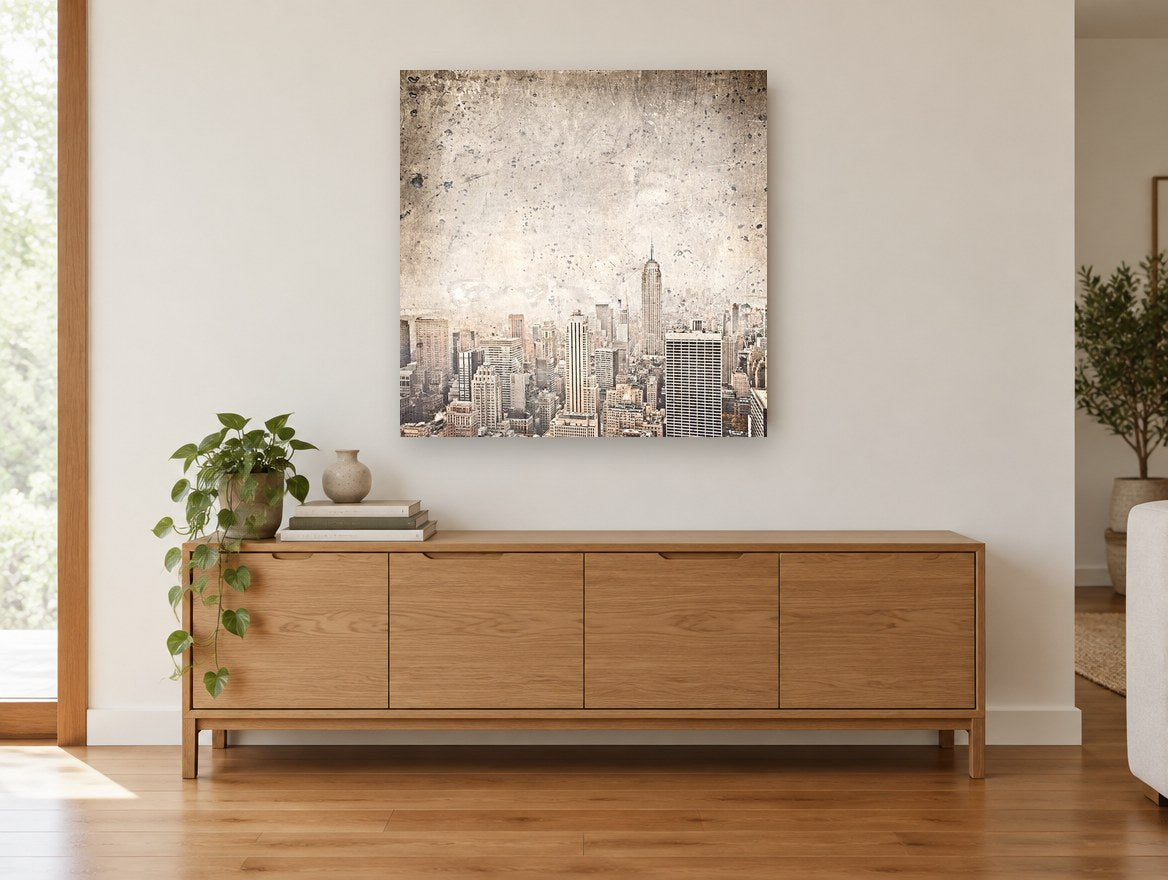 Weathered Manhattan Haze city canvas print on the wall of a living room above a sideboard
