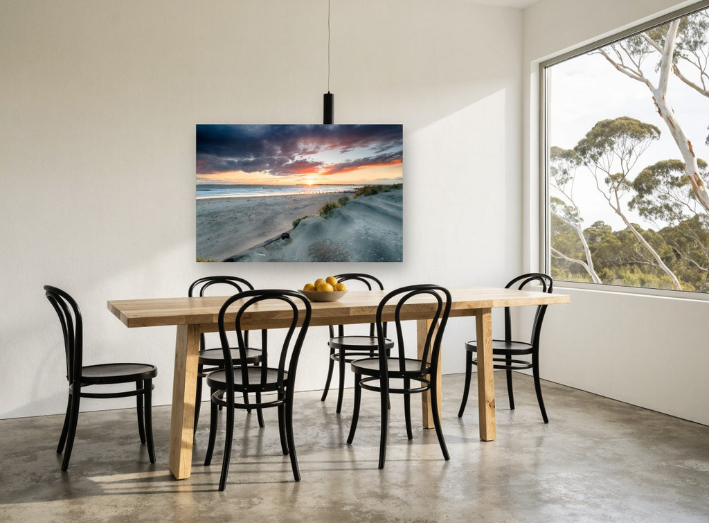 Stormy Dune Sunset coastal canvas print on the wall of a dining room