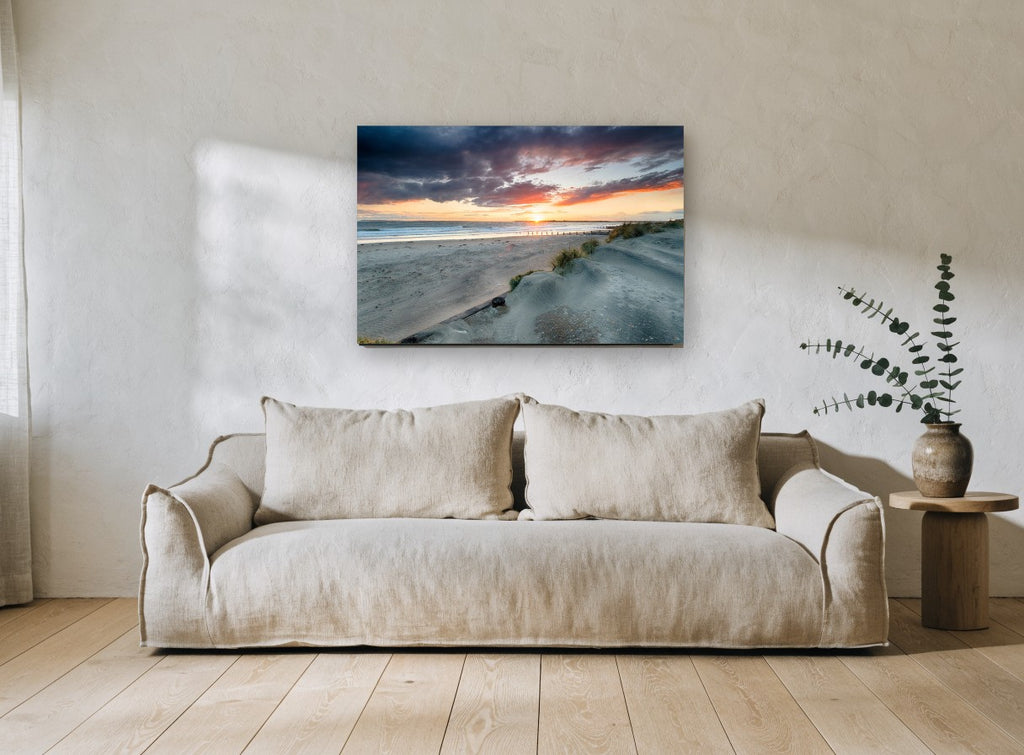Stormy Dune Sunset coastal canvas print on the wall of a living room