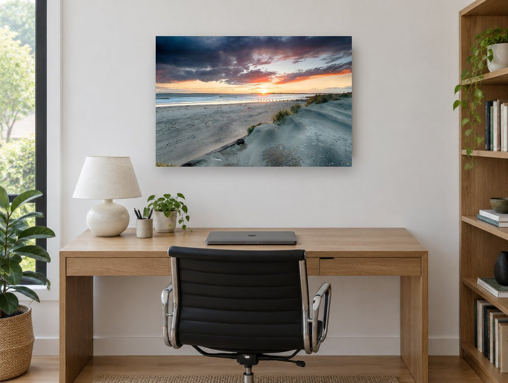 Stormy Dune Sunset coastal canvas print on the wall of a study