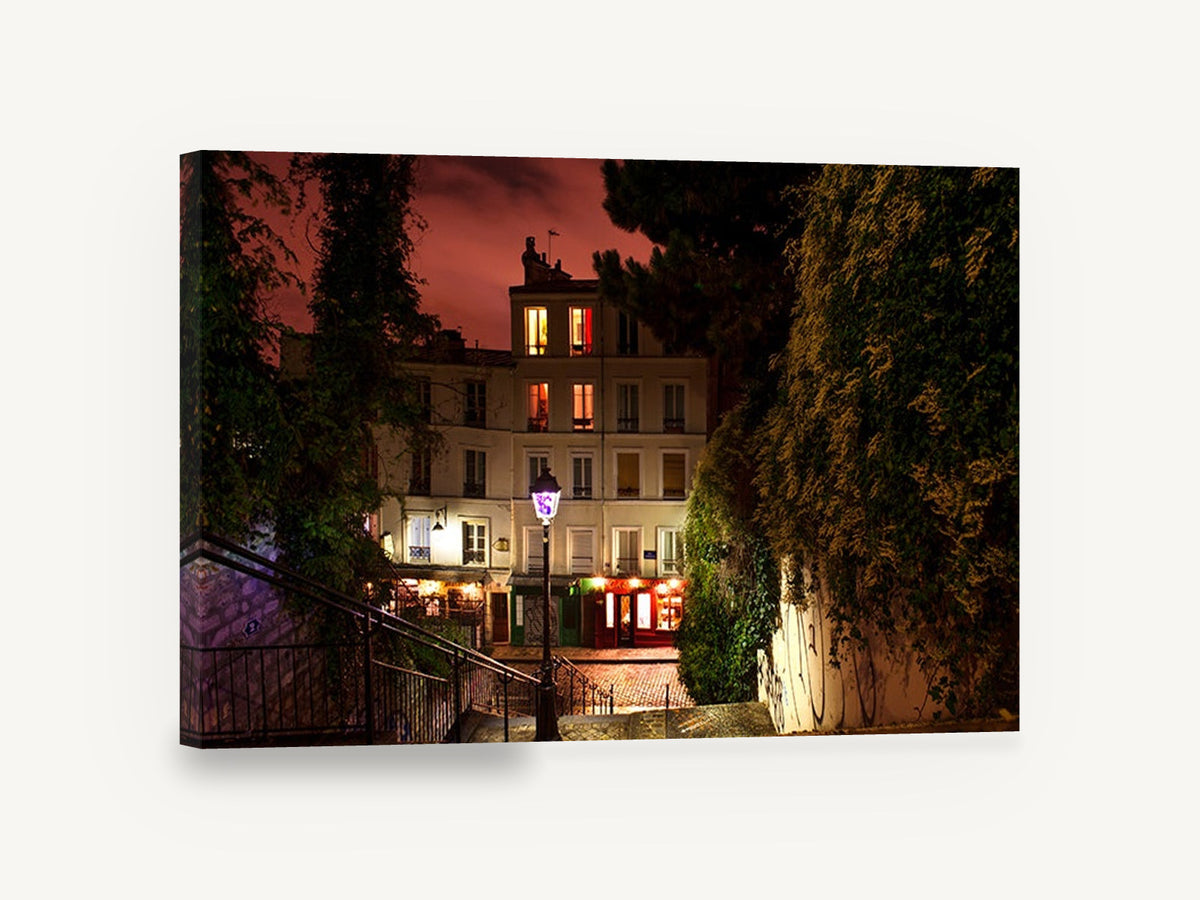 Montmartre Stair Lamp, montmartre night street photograph paris, city canvas wall art print ready to hang