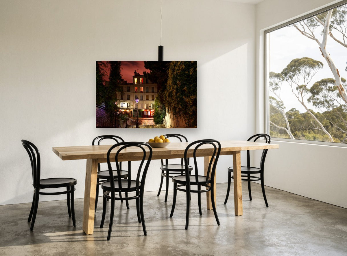 Montmartre Stair Lamp city canvas print on the wall of a dining room