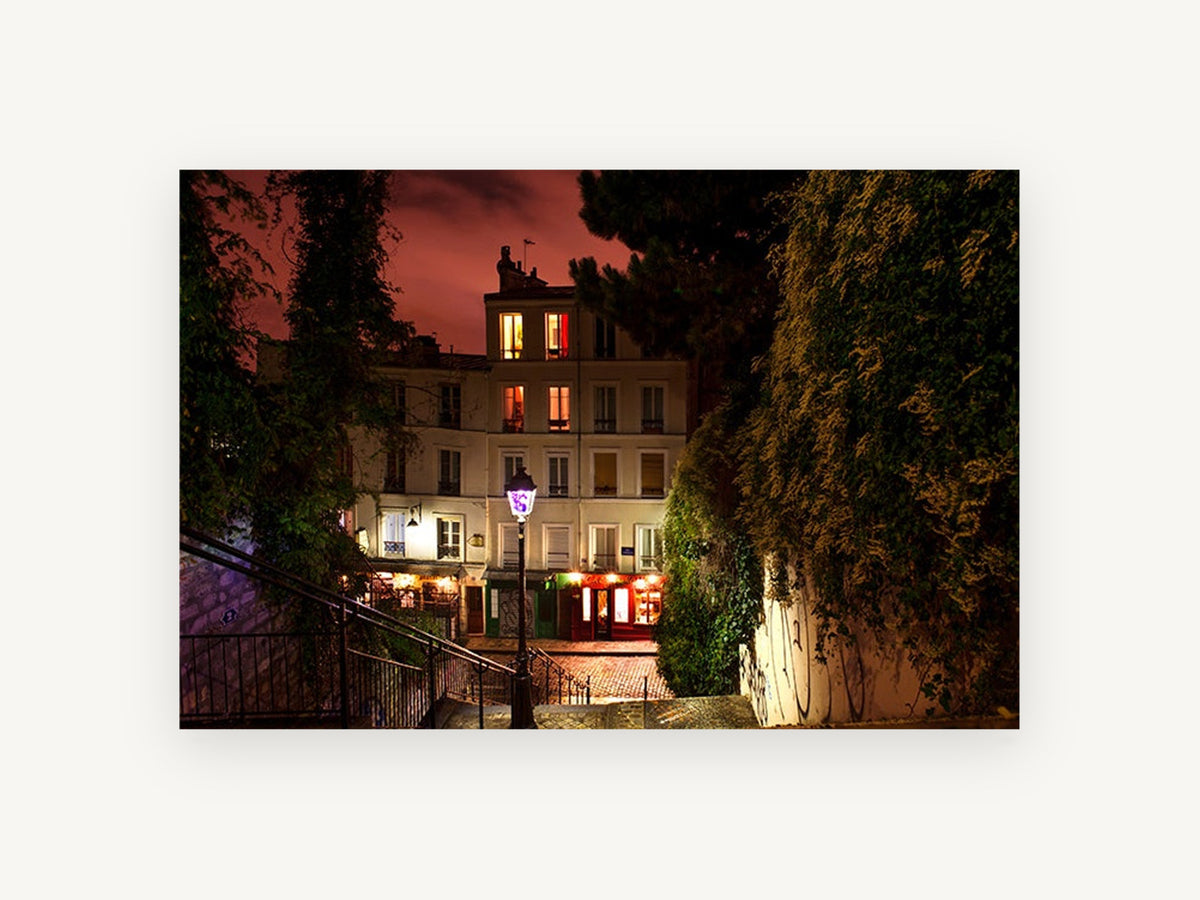 Montmartre Stair Lamp, montmartre night street photograph paris, city canvas wall art print, front view