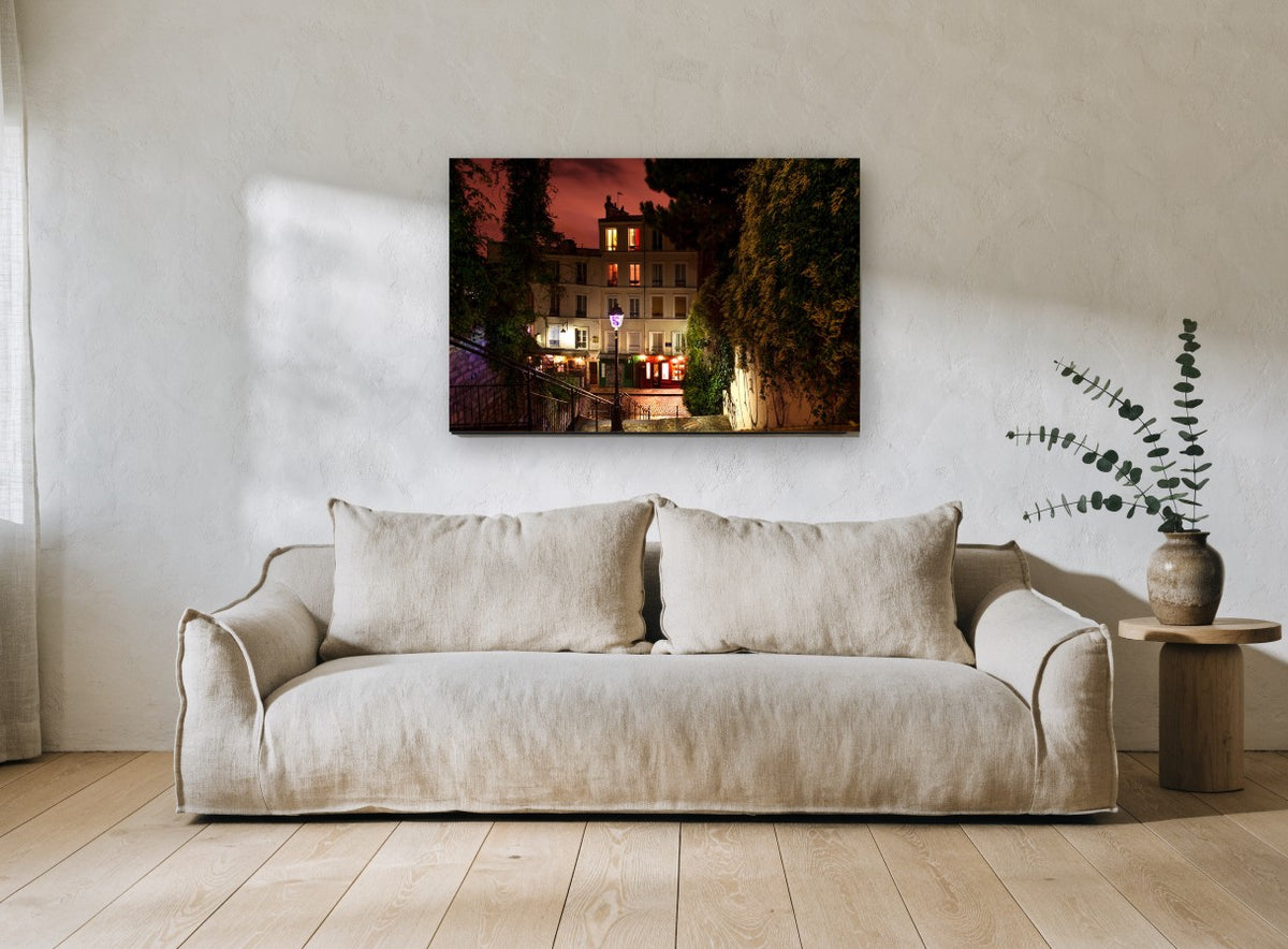 Montmartre Stair Lamp city canvas print on the wall of a living room