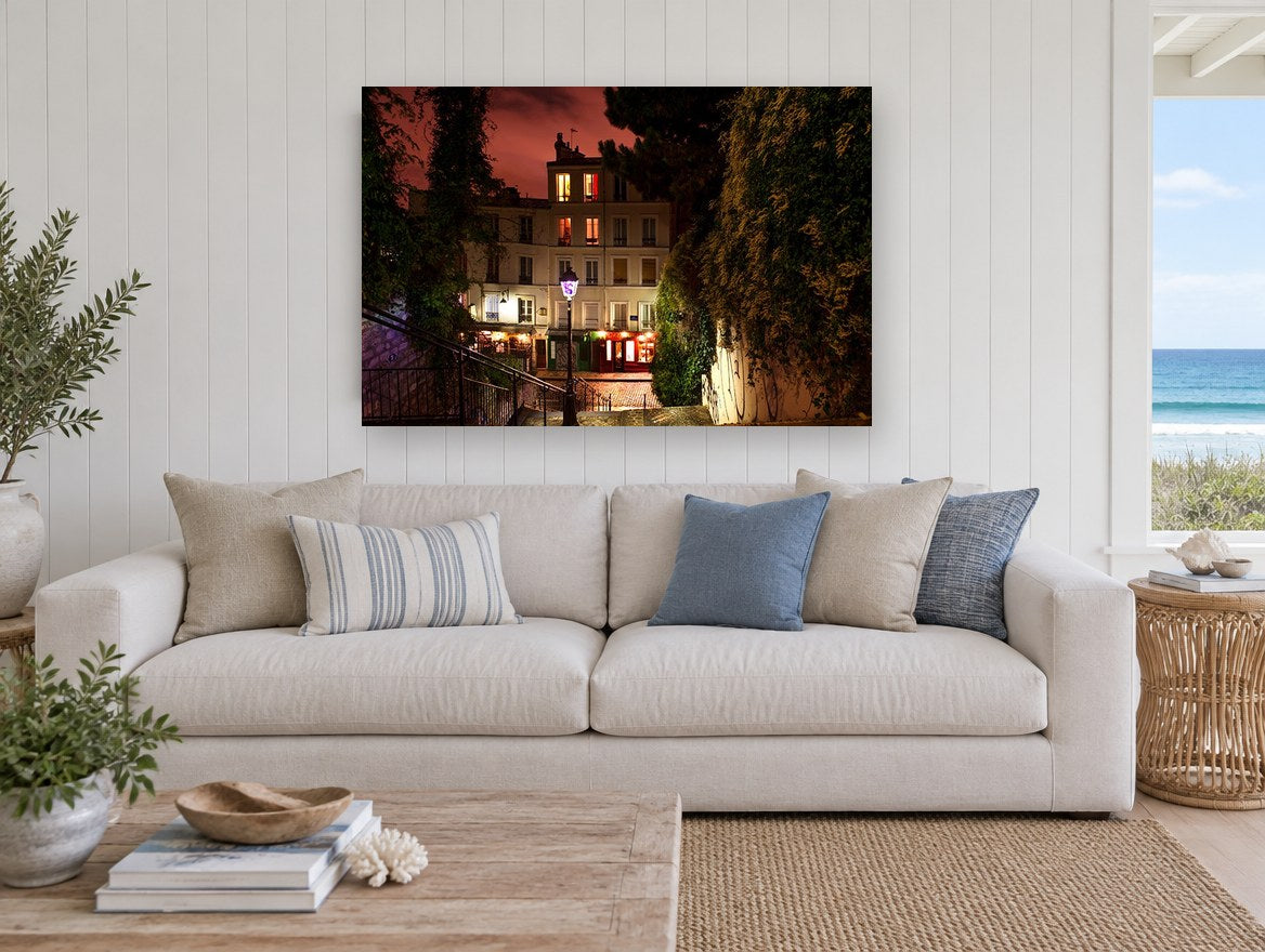 Montmartre Stair Lamp city canvas print on the wall of a beach house living room