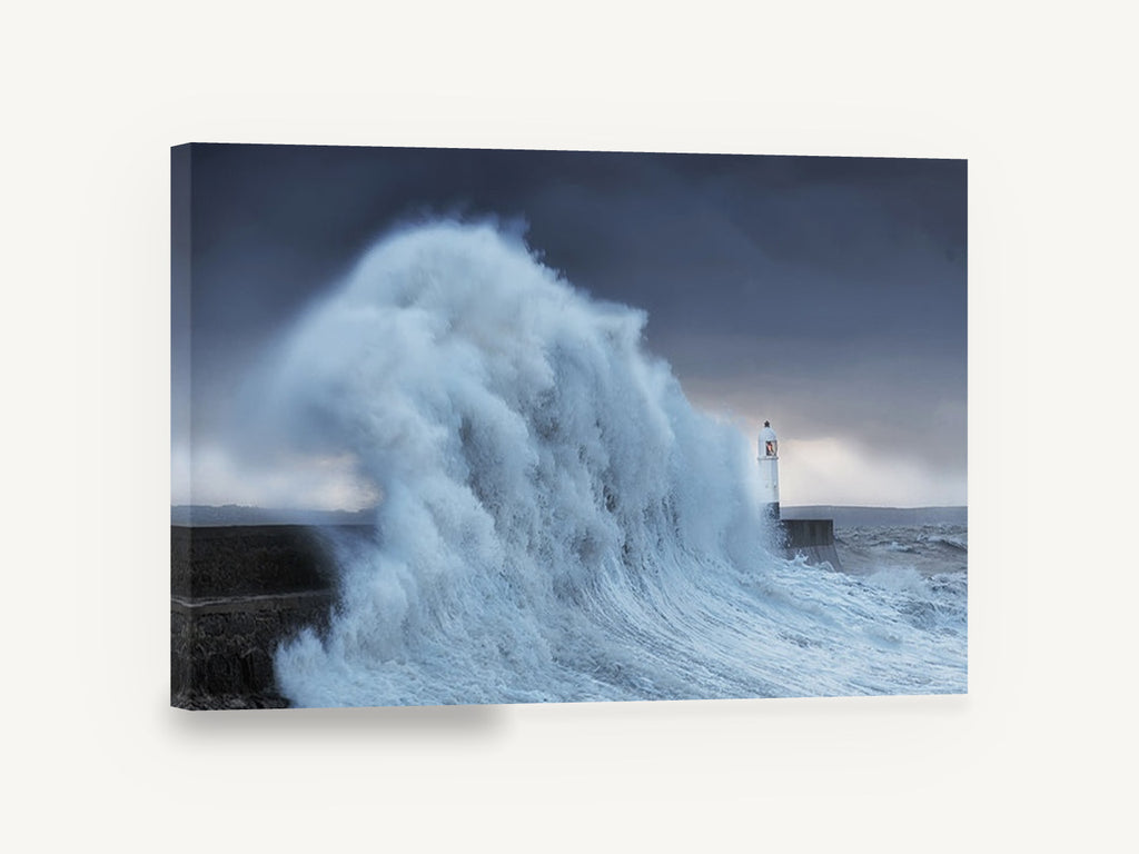 Storm Surge Beacon, storm wave lighthouse photograph, coastal canvas wall art print ready to hang