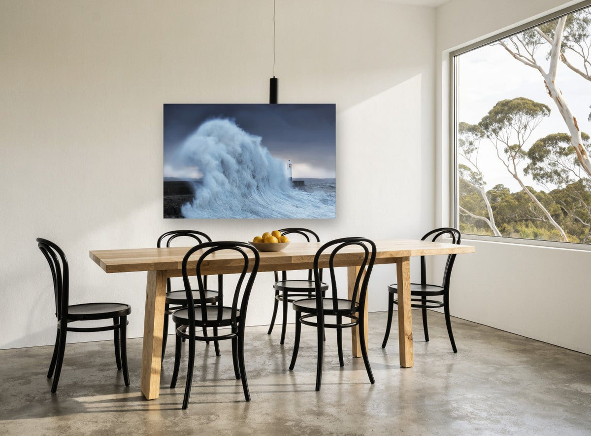 Storm Surge Beacon coastal canvas print on the wall of a dining room