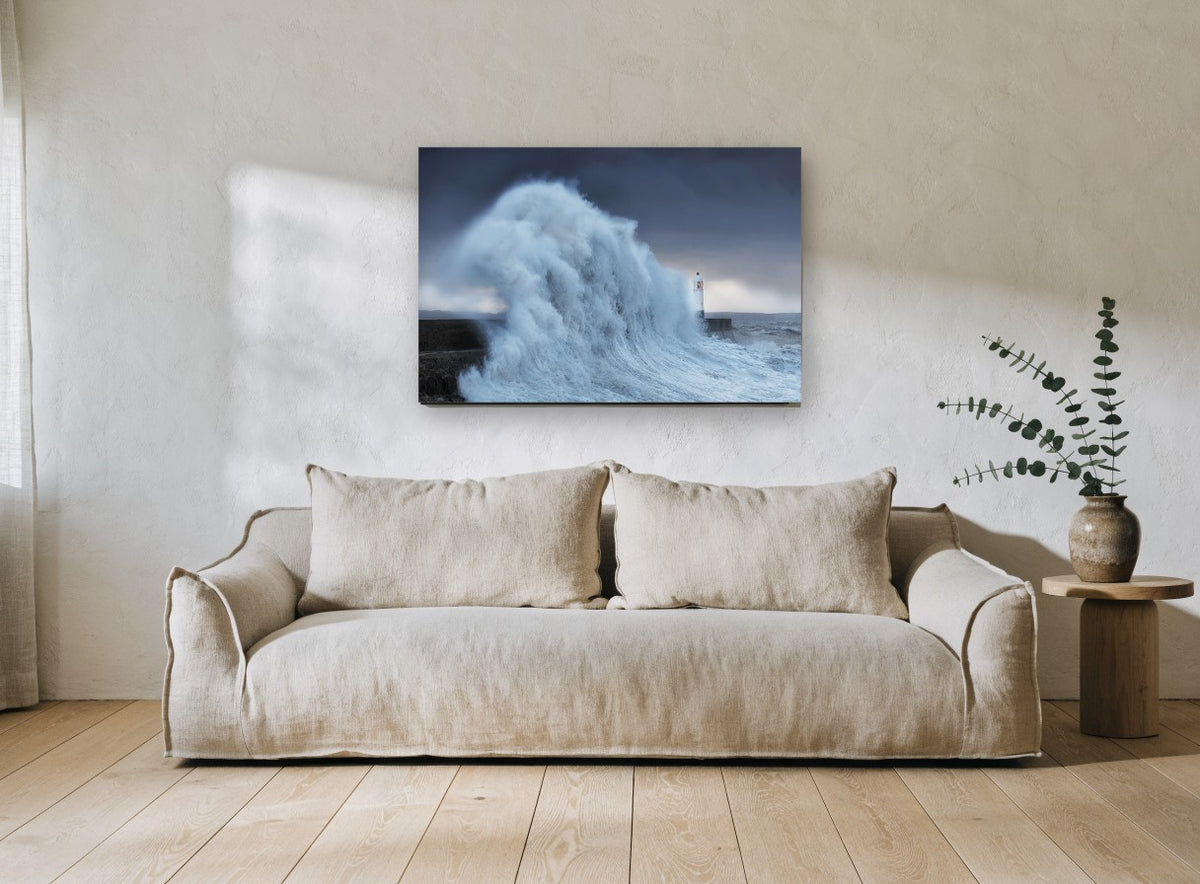 Storm Surge Beacon coastal canvas print on the wall of a living room