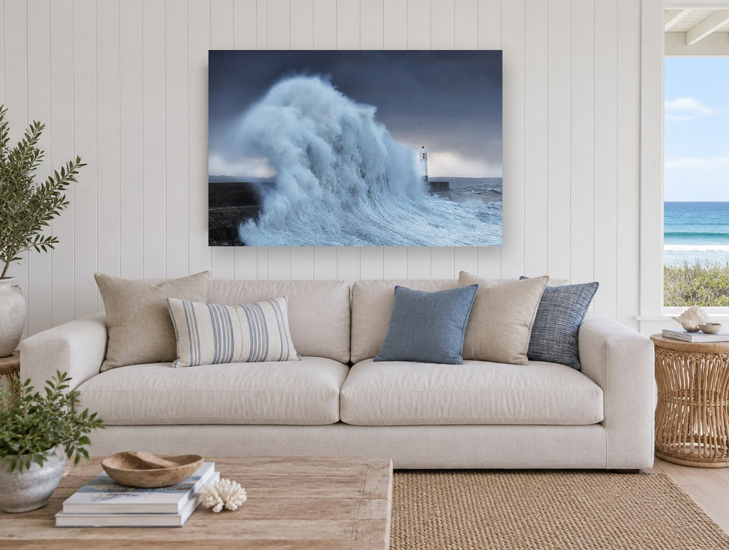 Storm Surge Beacon coastal canvas print on the wall of a beach house living room