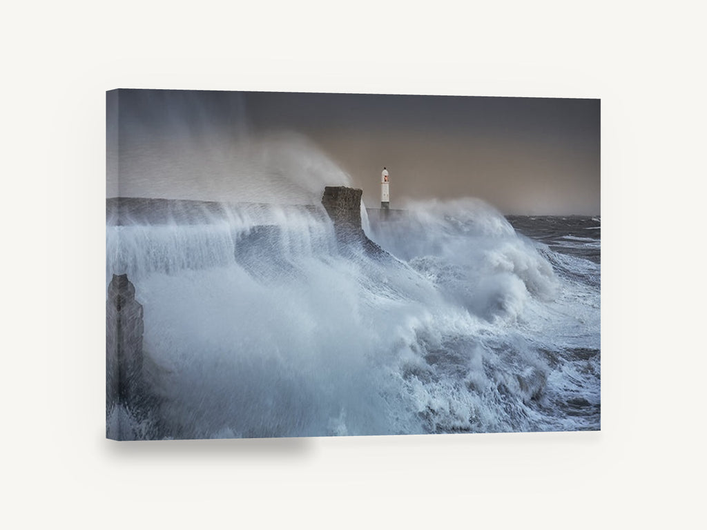 Storm Surge Lighthouse, stormy lighthouse crashing waves photograph, coastal canvas wall art print ready to hang