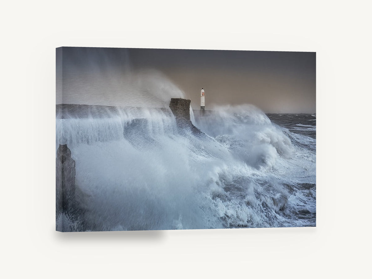 Storm Surge Lighthouse, stormy lighthouse crashing waves photograph, coastal canvas wall art print ready to hang