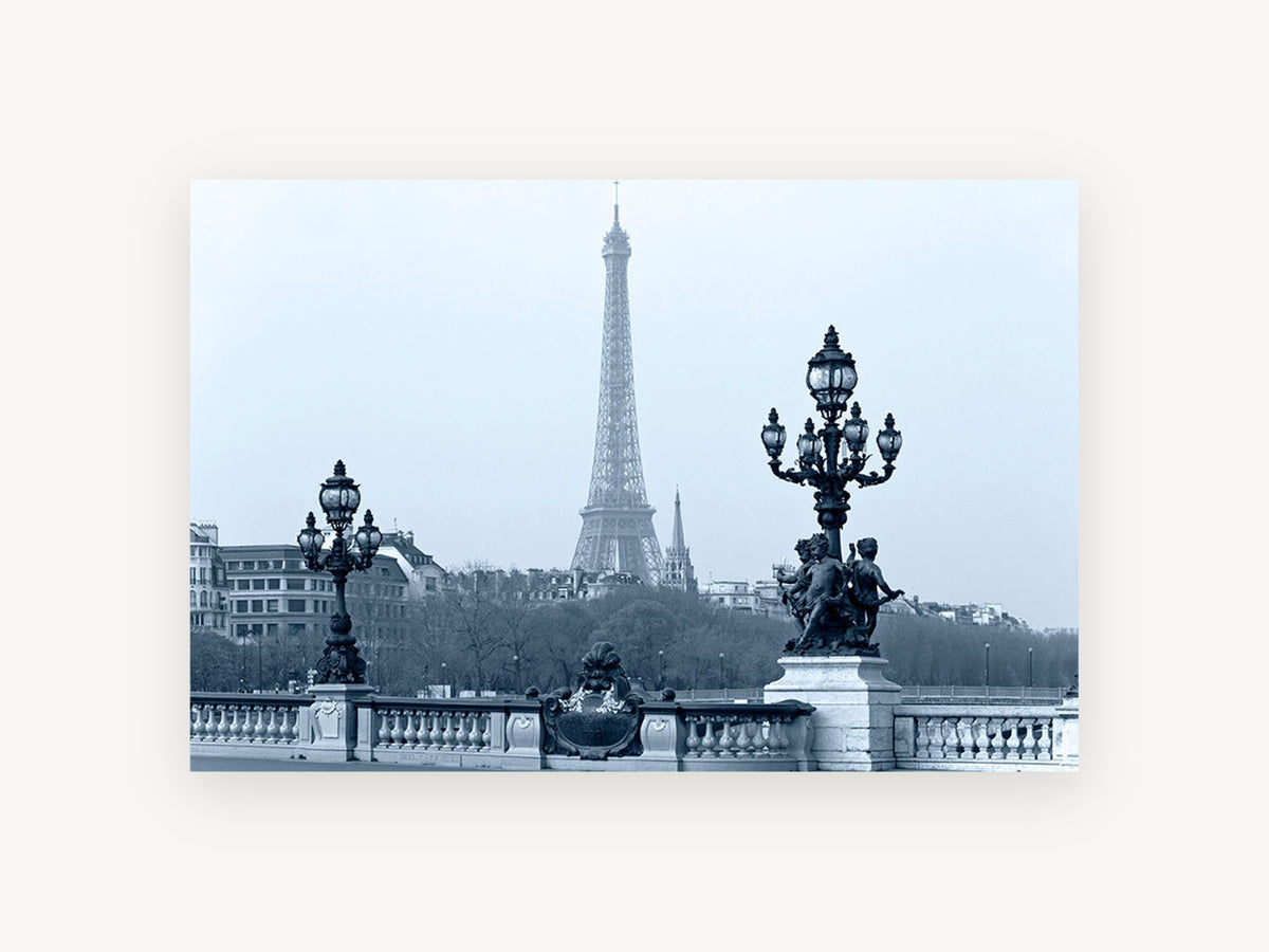 Eiffel Tower from the Bridge, eiffel tower blue tone paris photograph, city canvas wall art print, front view