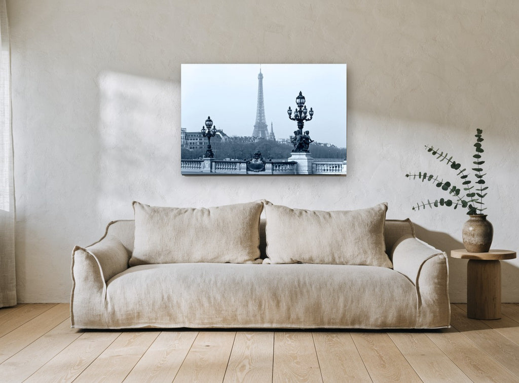 Eiffel Tower from the Bridge city canvas print on the wall of a living room