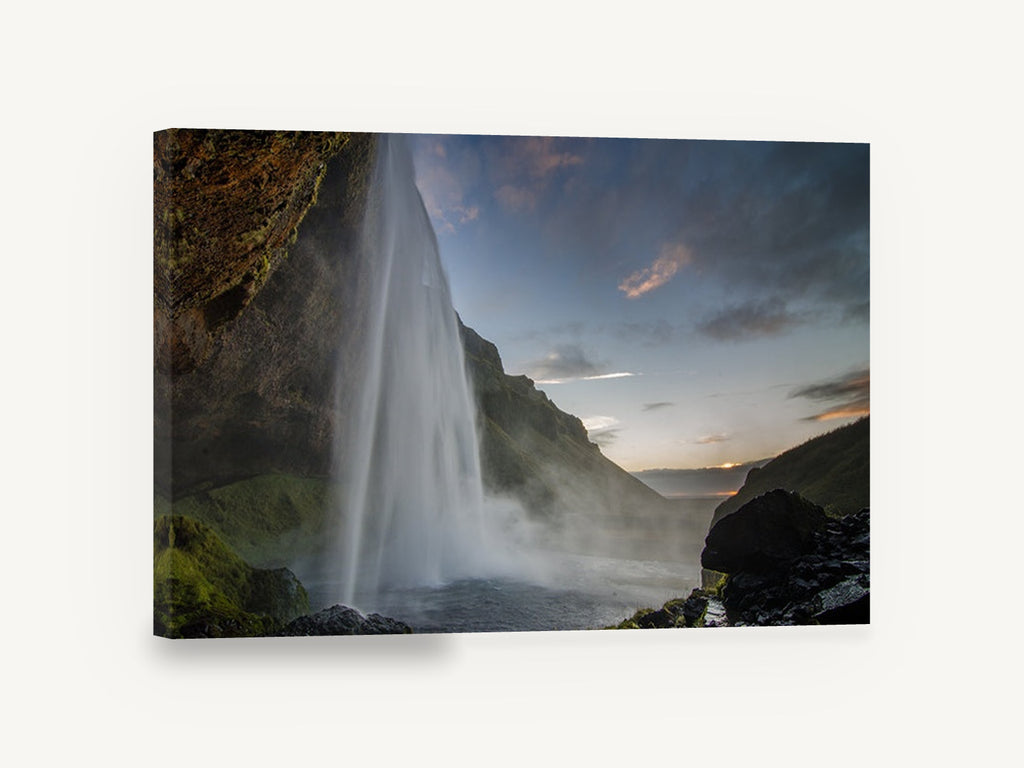 Dusk Behind the Falls, waterfall at dusk landscape photograph, landscape canvas wall art print ready to hang