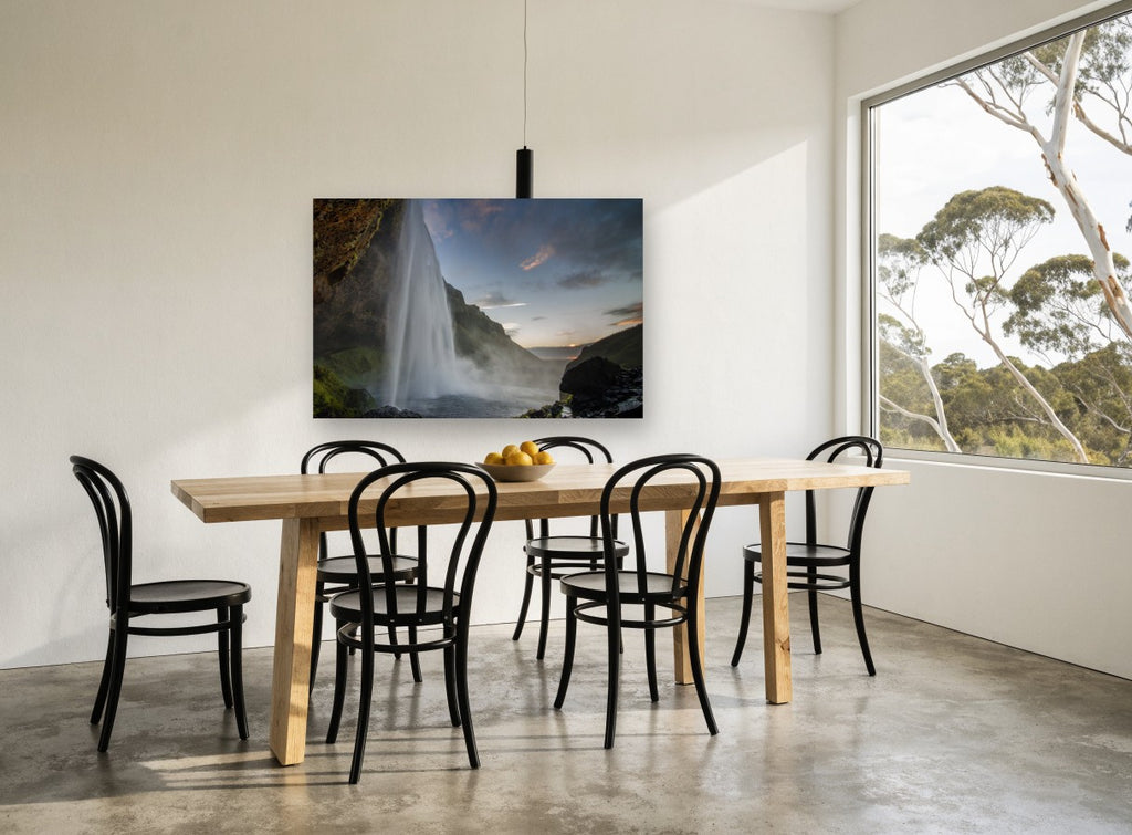Dusk Behind the Falls landscape canvas print on the wall of a dining room