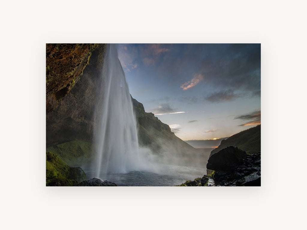 Dusk Behind the Falls, waterfall at dusk landscape photograph, landscape canvas wall art print, front view