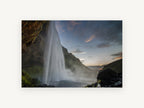 Dusk Behind the Falls, waterfall at dusk landscape photograph, landscape canvas wall art print, front view