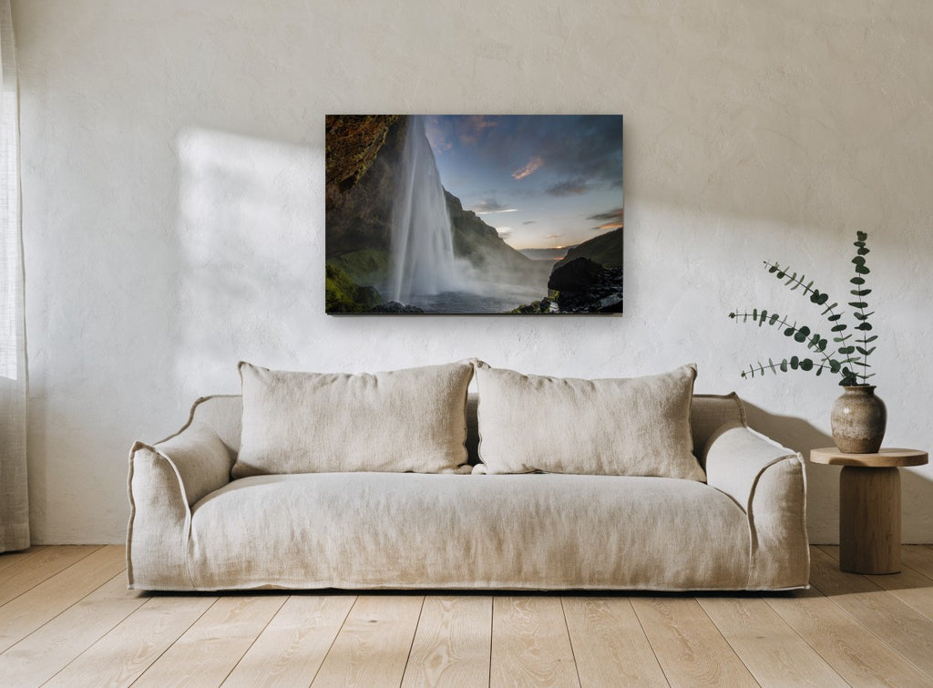 Dusk Behind the Falls landscape canvas print on the wall of a living room