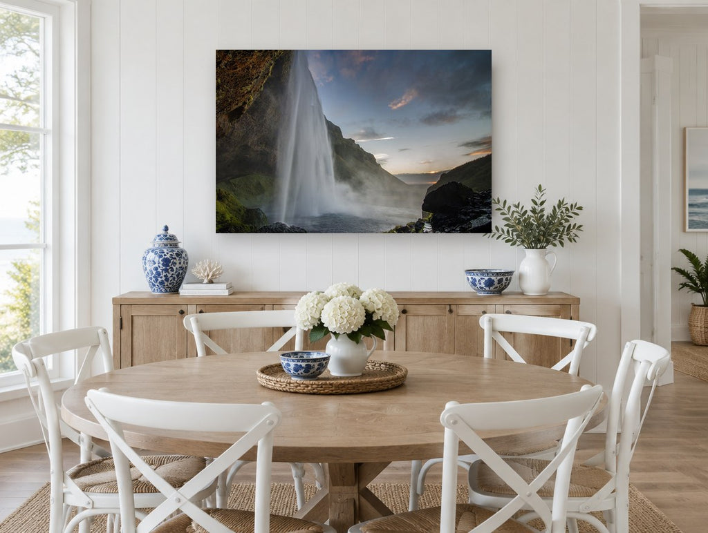 Dusk Behind the Falls landscape canvas print on the wall of a Hamptons dining room