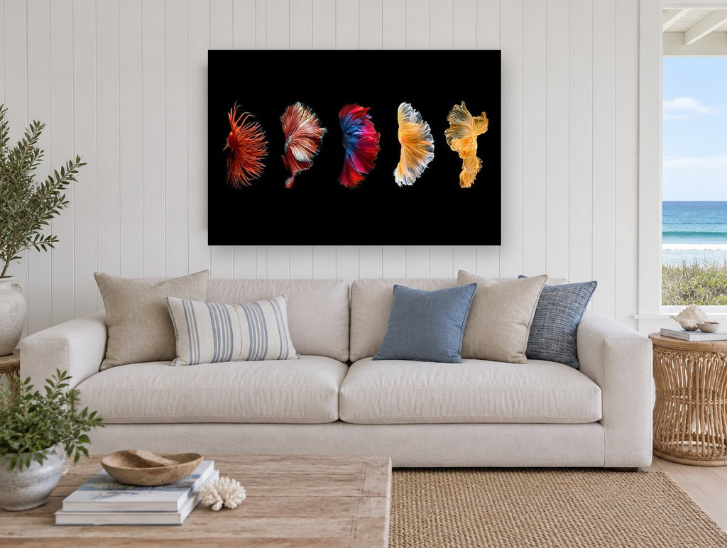 Five Fins in Motion animal canvas print on the wall of a beach house living room