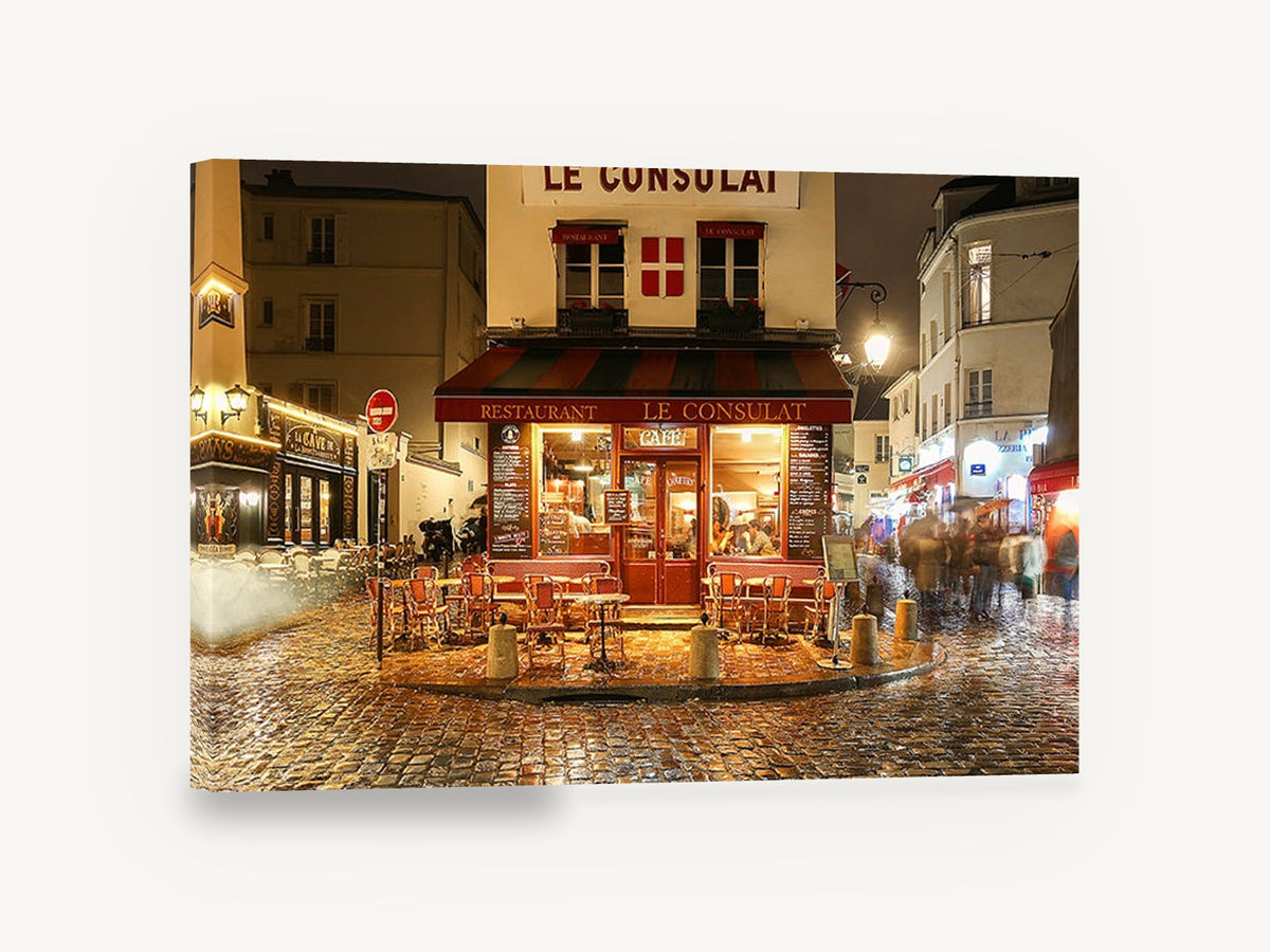 Le Consulat at Night, paris cafe night street photograph, kitchen canvas wall art print ready to hang