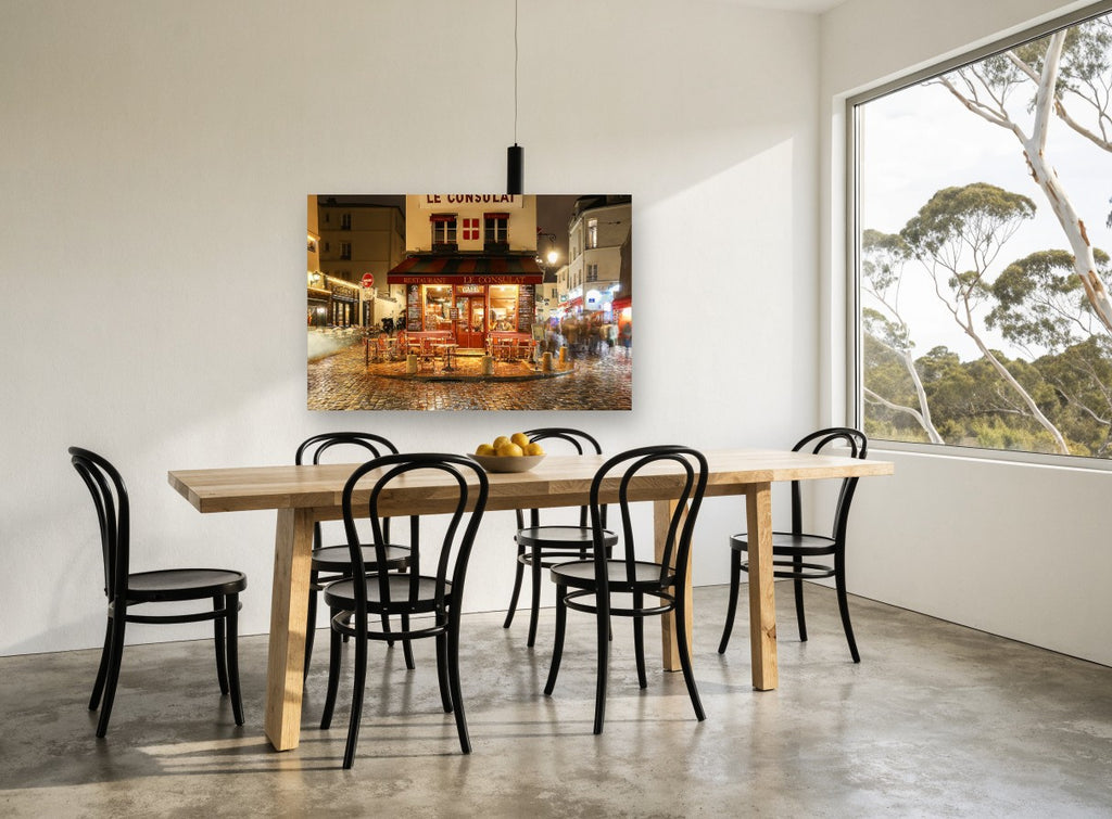 Le Consulat at Night kitchen canvas print on the wall of a dining room