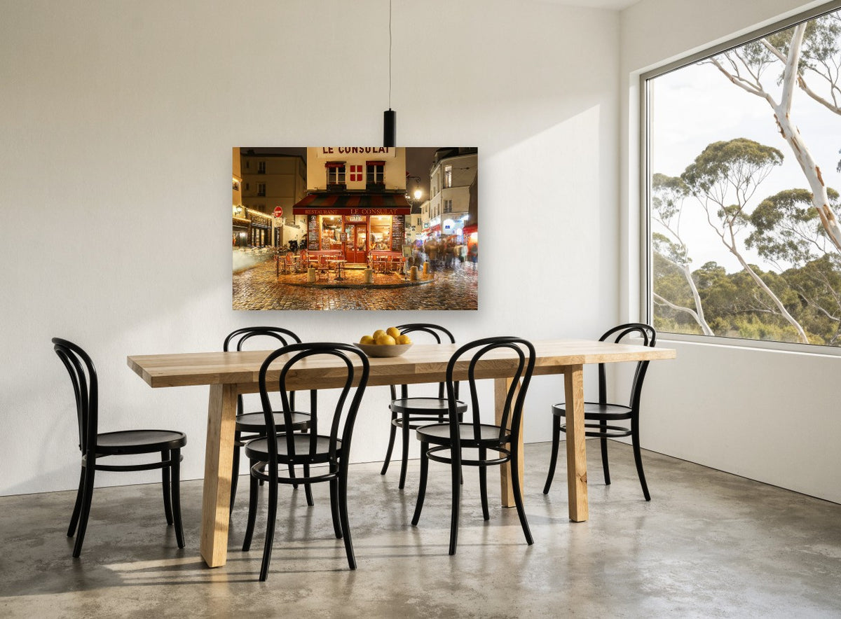 Le Consulat at Night kitchen canvas print on the wall of a dining room