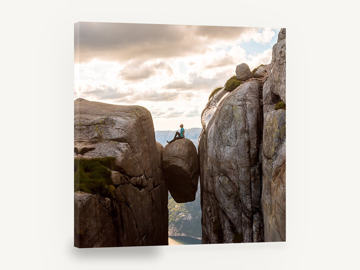 Boulder in the Gap, person sitting on wedged boulder photograph, landscape canvas wall art print ready to hang