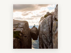 Boulder in the Gap, person sitting on wedged boulder photograph, landscape canvas wall art print, front view