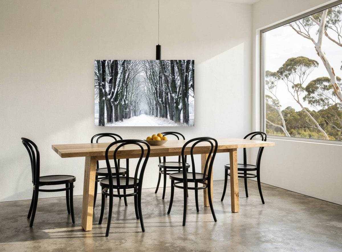 Snowy Avenue Hush landscape canvas print on the wall of a dining room