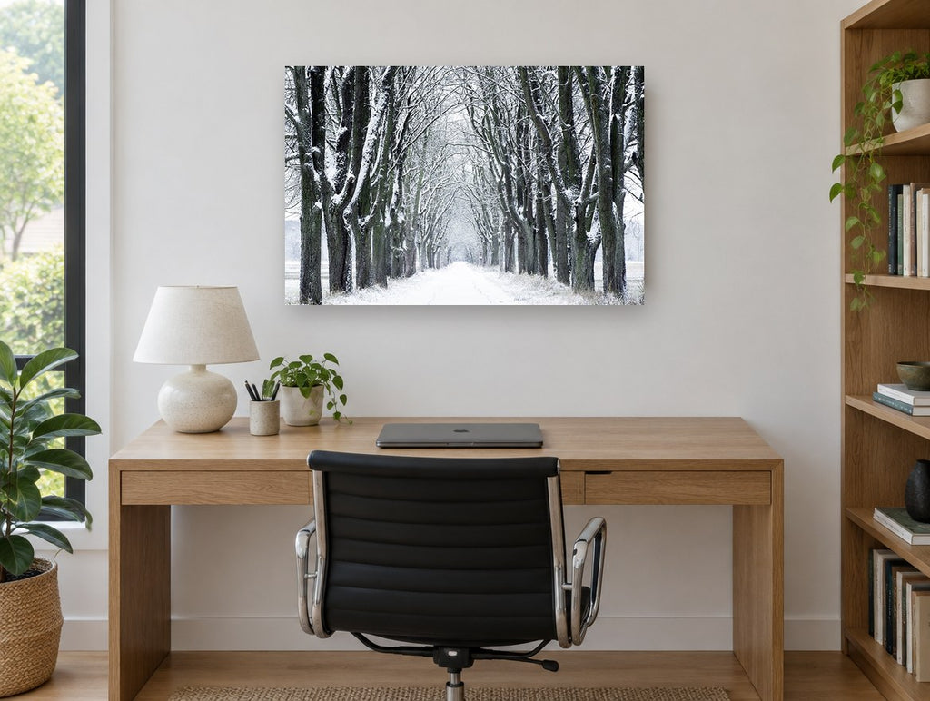Snowy Avenue Hush landscape canvas print on the wall of a study